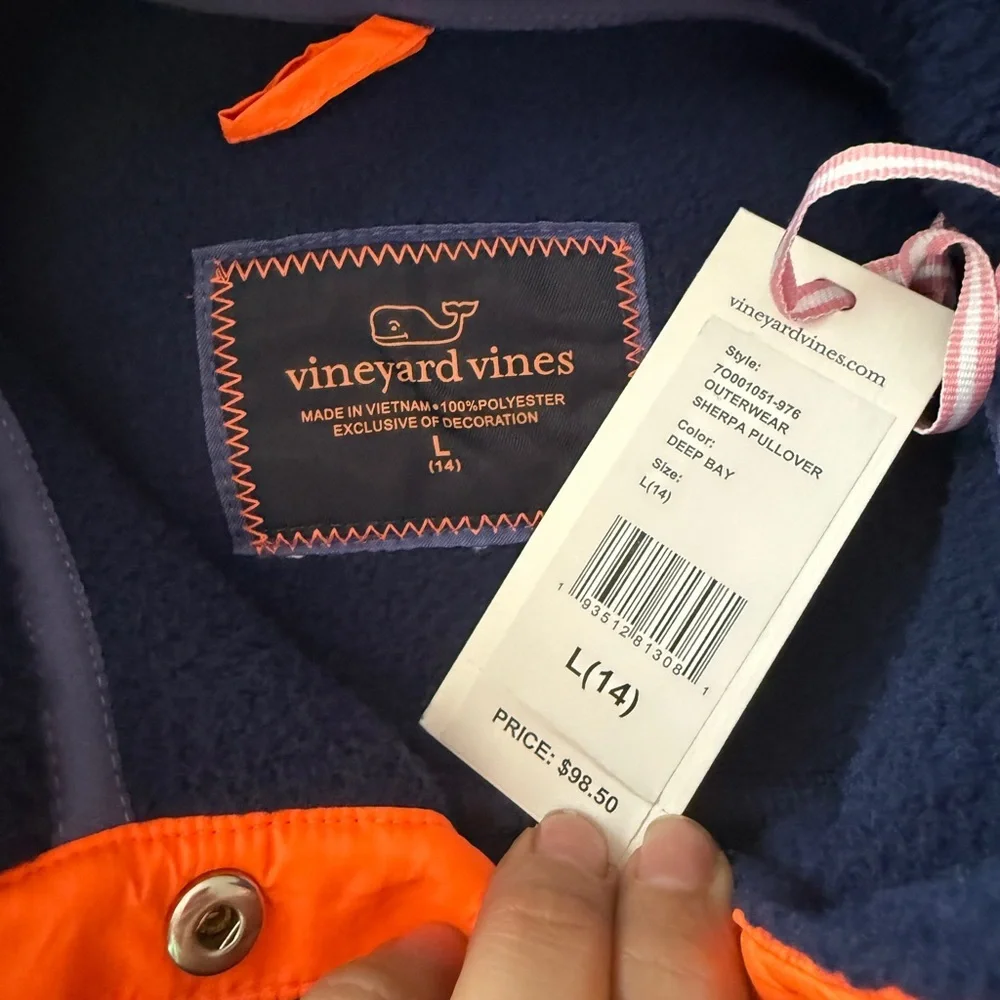Vineyard Vines Kids SherpaPullover Quarter Snap Henley Blue & Orange - 14  New - Picture 7 of 7